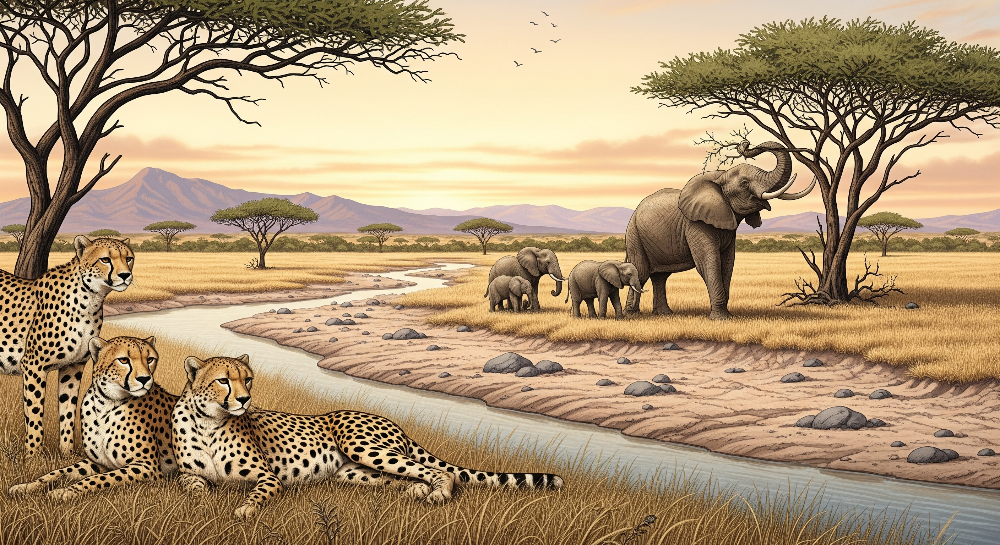 Cheetahs and Elephants at the Watering Hole Wall Mural