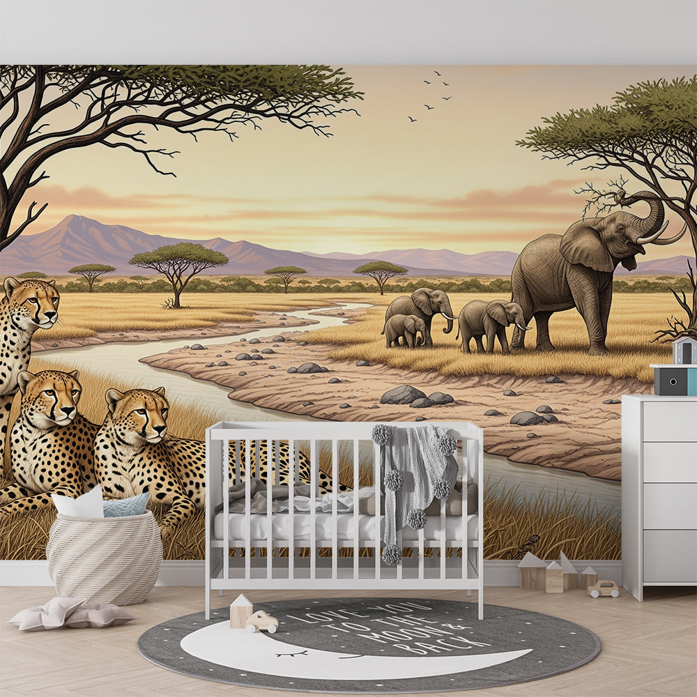 Kids-Mundo cheetah and elephant mural bringing a golden savanna scene to a playroom