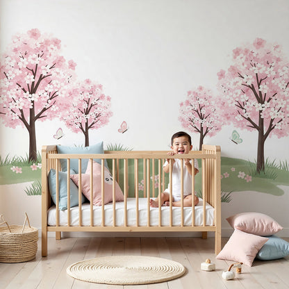 Kids-Mundo cherry blossom and butterfly wall mural in a bright pastel baby nursery
