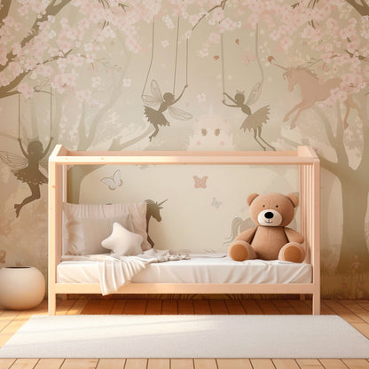 Kids-Mundo fairy forest wall mural with unicorns and blossom trees in a children's bedroom