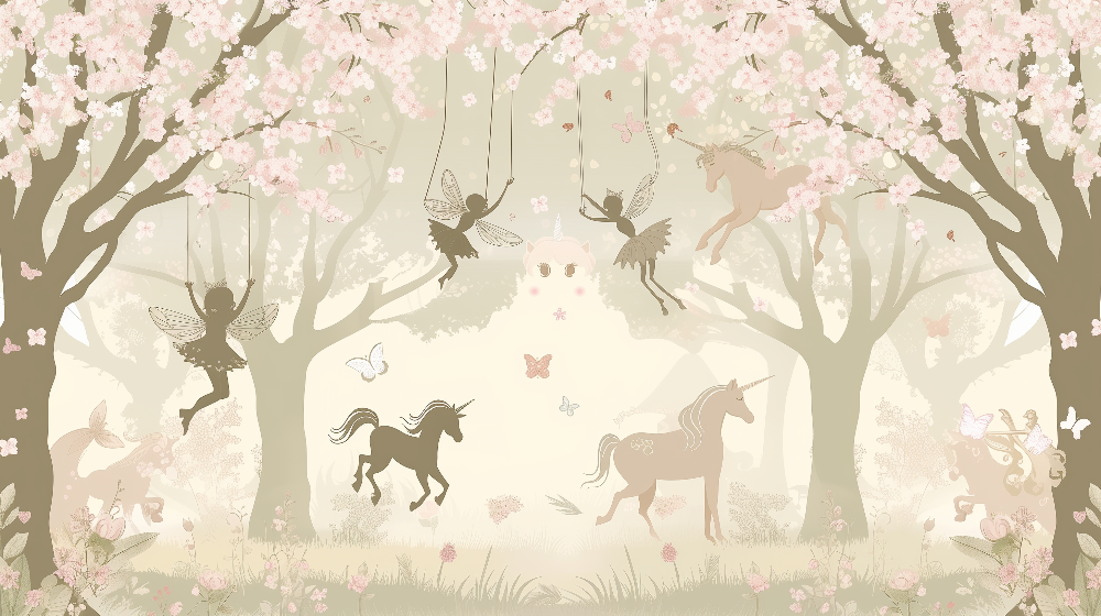 Cherry Blossom Fairy Forest with Unicorns Wall Mural