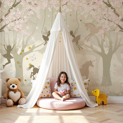 Kids-Mundo cherry blossom fairy wall mural with unicorns styled in a soft pink nursery interior