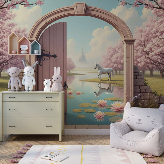 Kids-Mundo unicorn wall mural with a blossom gate and lily pond shown on a kids bedroom wall.