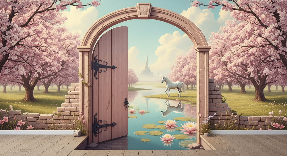 Cherry Blossom Garden Gate Unicorn Wall Mural