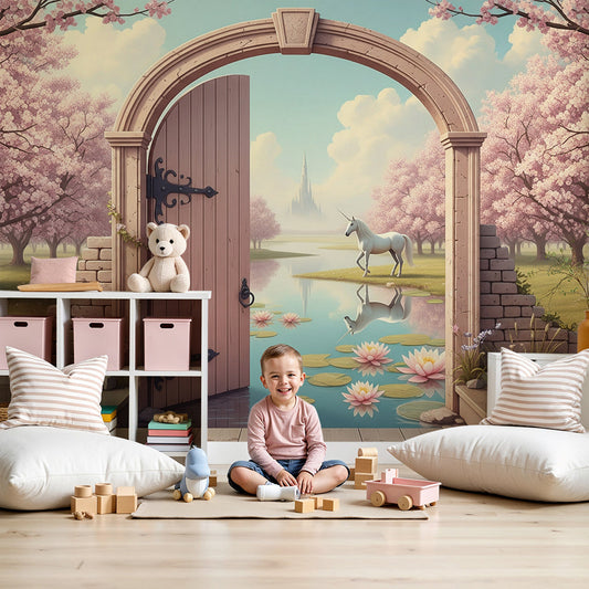 Kids-Mundo cherry blossom unicorn wall mural mockup styled in a soft pastel nursery interior.