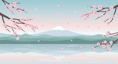 Kids-Mundo flat artwork of cherry blossom branches framing a snow-capped mountain and calm lake