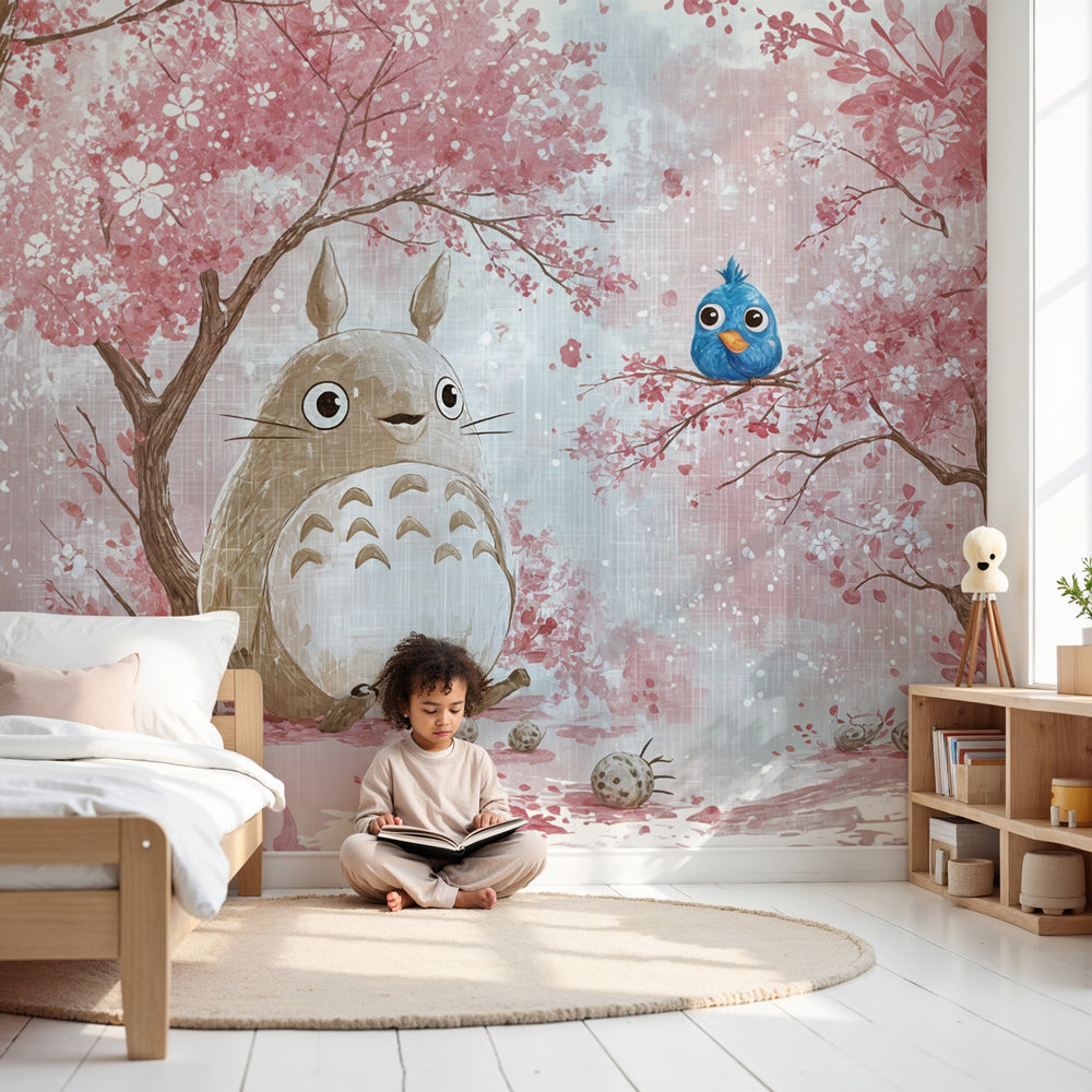 Cherry blossom animated floral mural wallpaper in elegant nursery room setting by Kids-Mundo