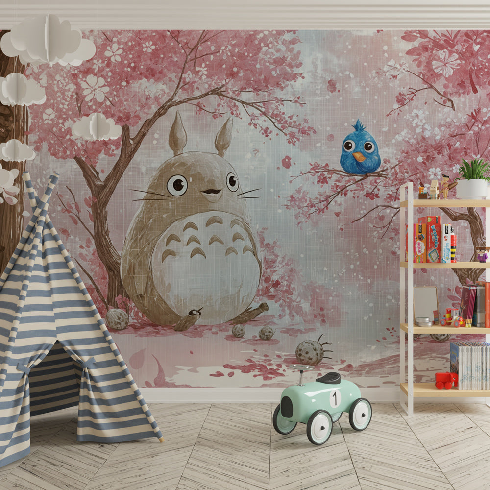 Animated cherry blossom wallpaper transforming playroom into fairytale garden space