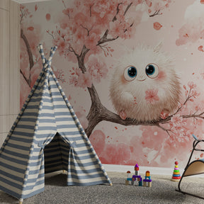 Pink cherry blossom mural wallpaper with fluffy animals enhancing children's playroom decor