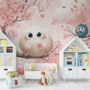 Woodland creatures cherry blossom wallpaper creating dreamy atmosphere in toddler bedroom