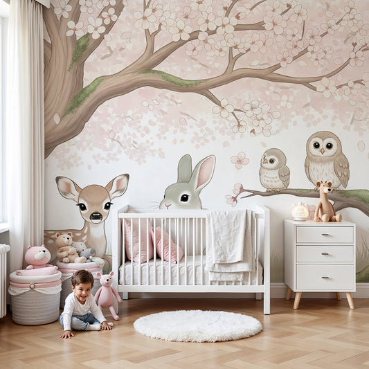 Kids-Mundo cherry blossom woodland wall mural with fawn, bunny and owls in a soft pastel nursery.