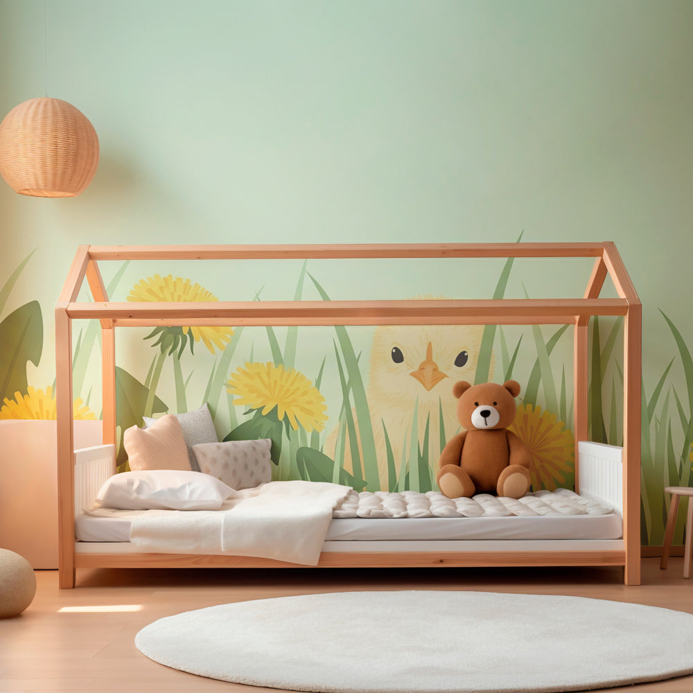 Chick and dandelion mural wallpaper creating peaceful baby bedroom decor