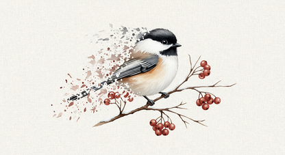 Kids-Mundo flat artwork preview of the watercolour chickadee bird and berries wall mural