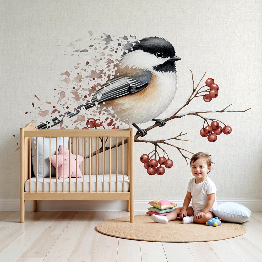 Kids-Mundo chickadee watercolour wall mural mounted in a baby's nursery
