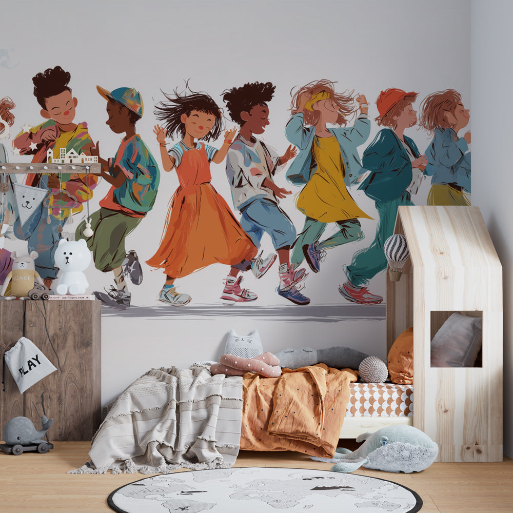Joyful children dancing wallpaper brightening modern kids bedroom decor