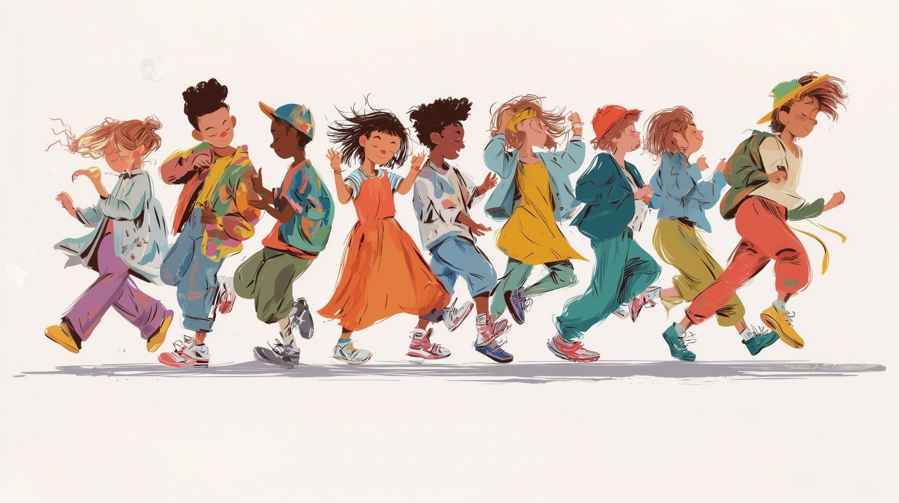 Detailed children dancing mural wallpaper design pattern showing colorful kids illustration by Kids-Mundo