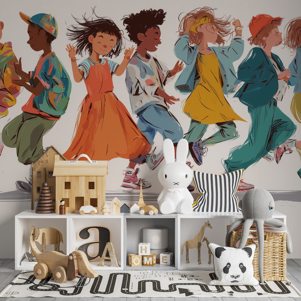 Colorful kids dancing wallpaper transforming playroom with vibrant energy