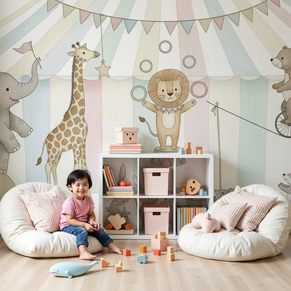 Kids-Mundo watercolour circus wall mural with elephant and giraffe in a soft nursery