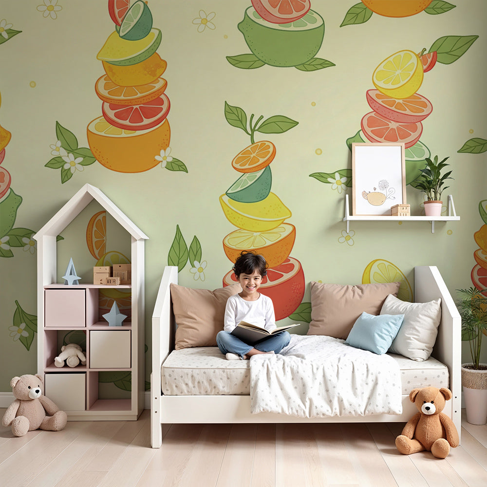 Kids-Mundo citrus fruit wall mural styled in a bright nursery with cream tones and soft natural light.