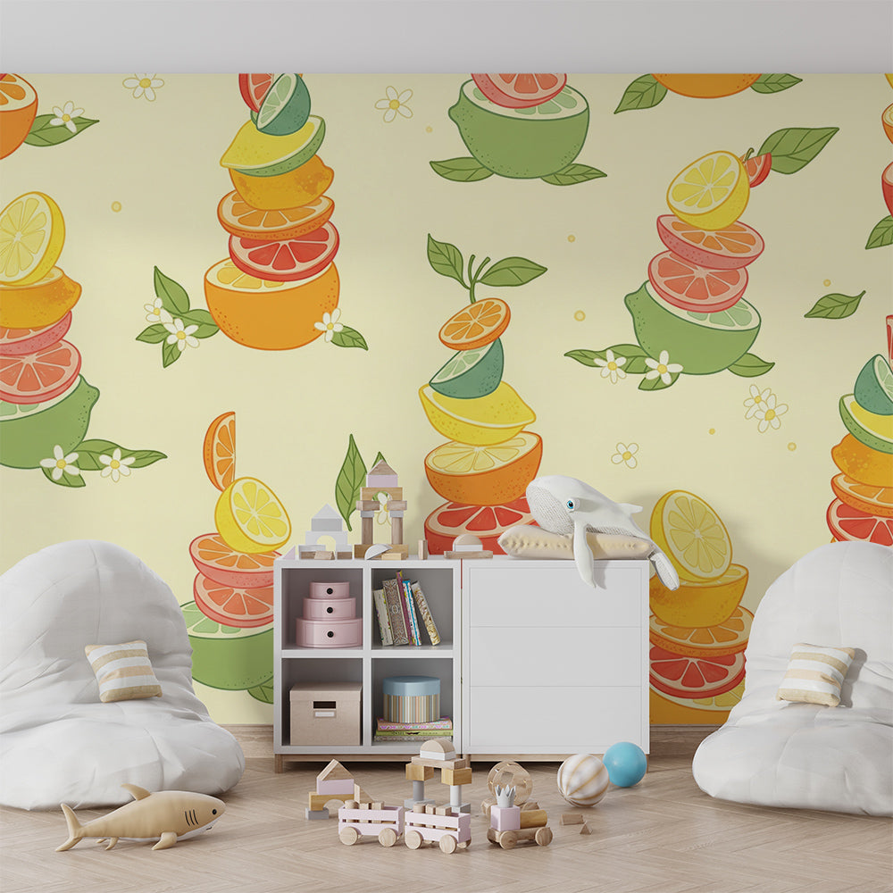 Kids-Mundo citrus fruit wall mural brightening a playroom corner with toy shelves and a reading nook.