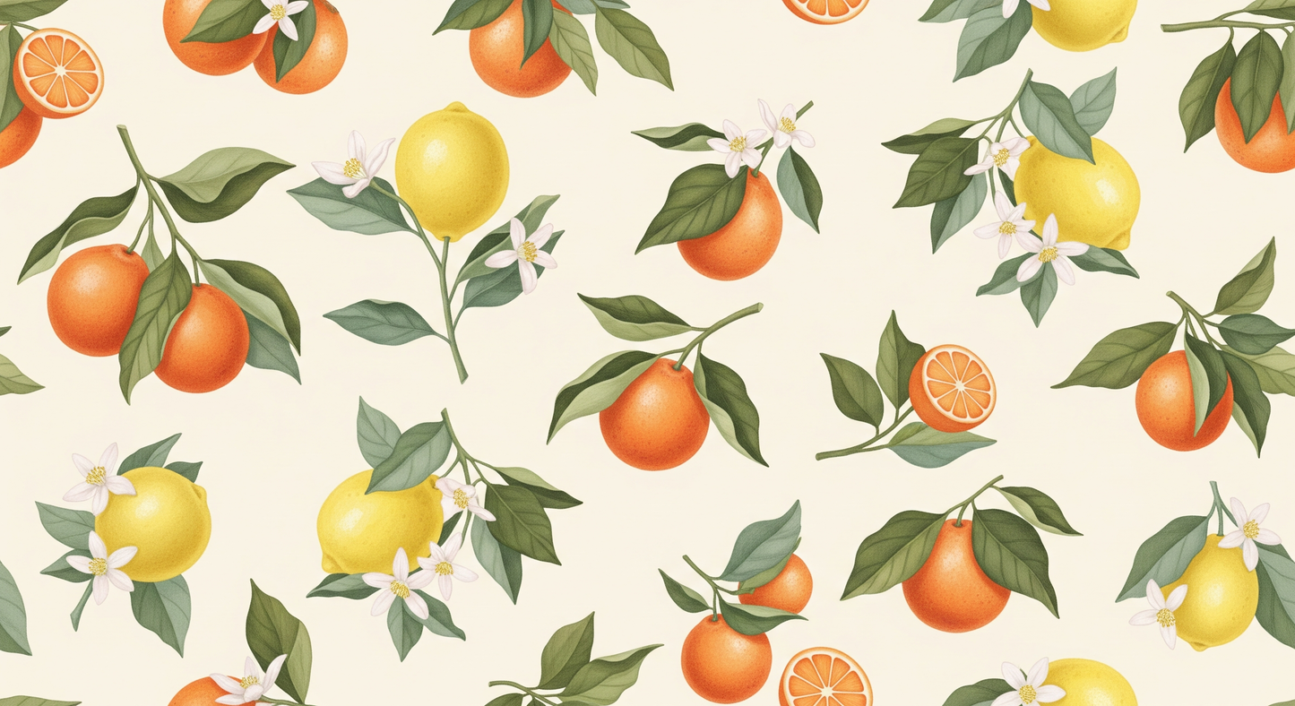 Flat artwork of the Kids-Mundo citrus wall mural showing oranges and lemons on a cream background