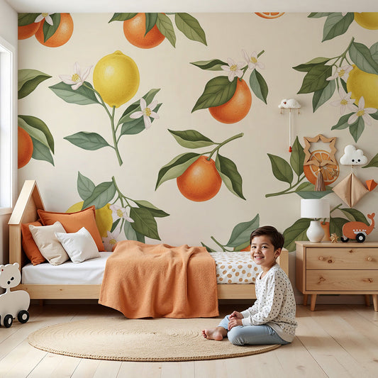 Kids-Mundo citrus wall mural in a bright nursery with a cot and sunny orange and lemon print