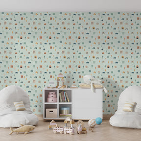 Urban themed children's bedroom featuring city mural wallpaper with houses and vehicles