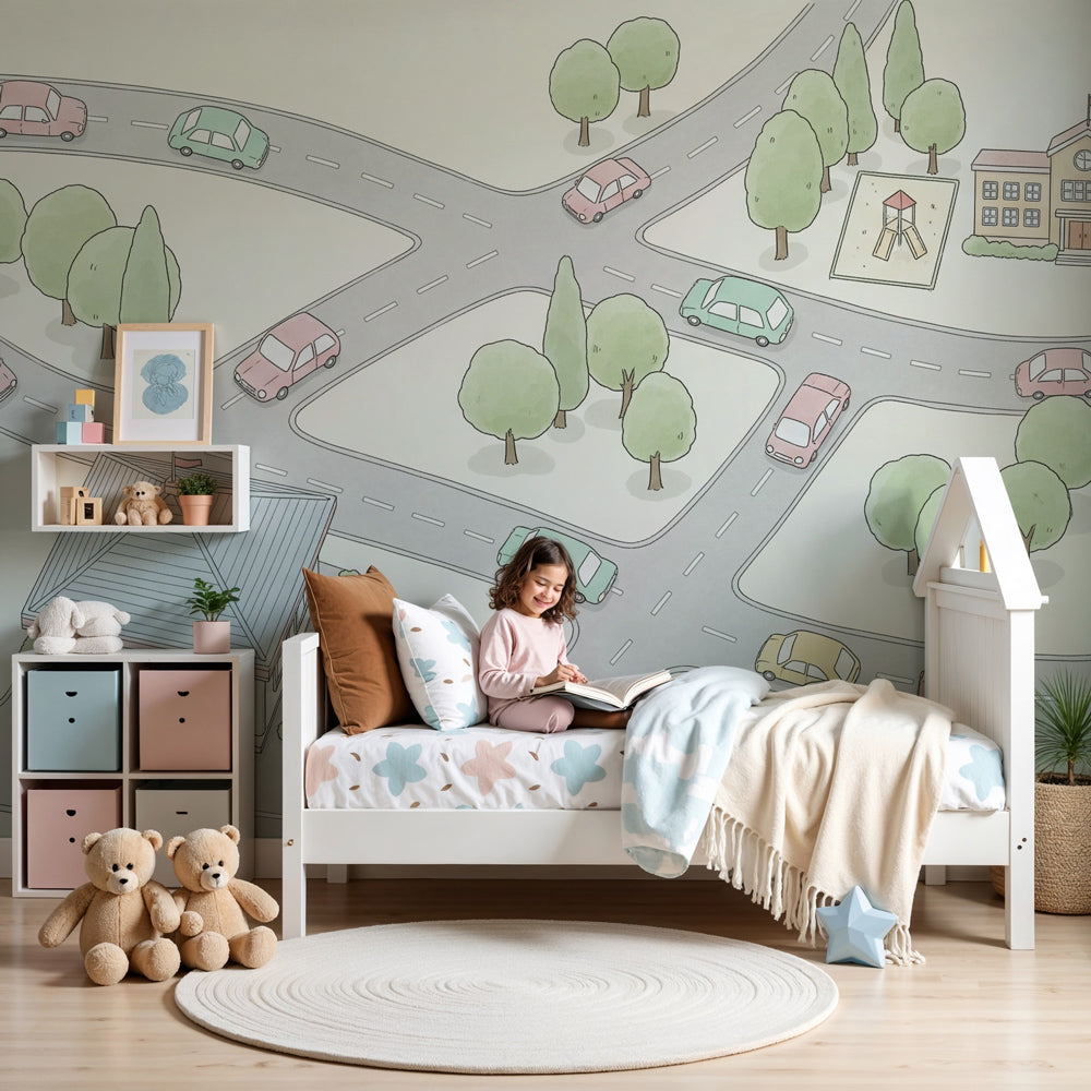 City road mural wallpaper installed in modern nursery with colorful cars and school scene by Kids-Mundo
