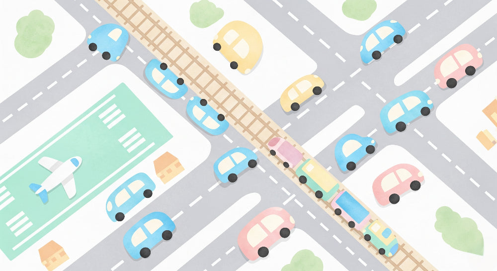 Detailed city roads mural wallpaper design pattern showing cars, trains and airport by Kids-Mundo