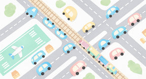 Detailed city roads mural wallpaper design pattern showing cars, trains and airport by Kids-Mundo