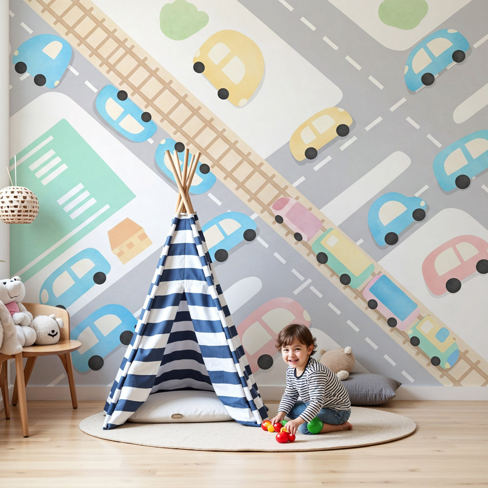 City roads mural wallpaper with colorful cars and trains in modern kids bedroom by Kids-Mundo