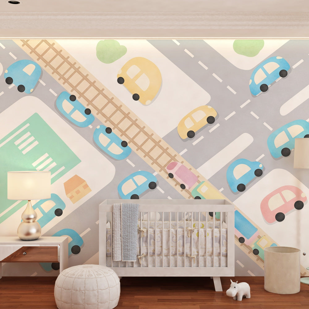 Animated city mural wallpaper featuring trains and cars in cozy nursery setting by Kids-Mundo