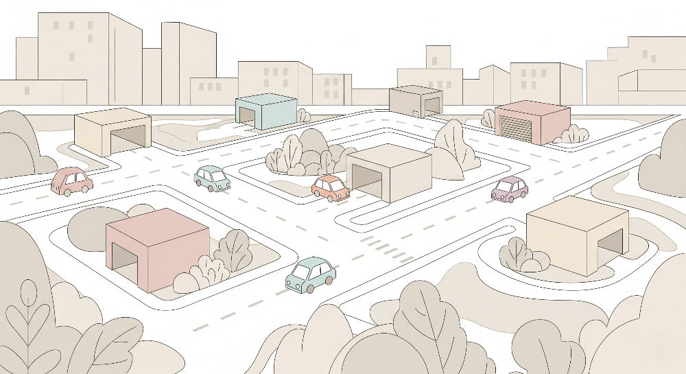 Detailed city traffic mural wallpaper design pattern showing winding roads and pastel cars by Kids-Mundo