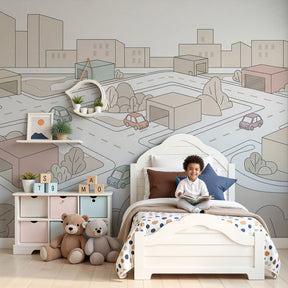 City traffic mural wallpaper in modern nursery with pastel cars and urban landscape by Kids-Mundo