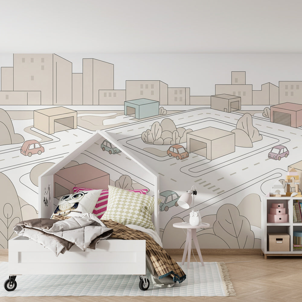 Colorful city mural wallpaper transforming kids playroom into urban exploration space
