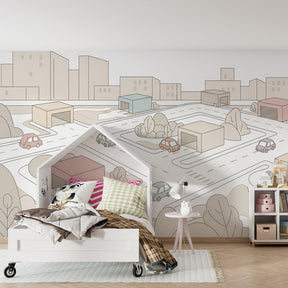Colorful city mural wallpaper transforming kids playroom into urban exploration space