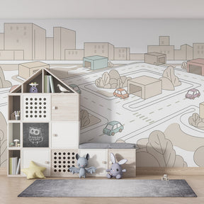 Urban adventure wallpaper creating playful atmosphere in toddler bedroom with geometric buildings