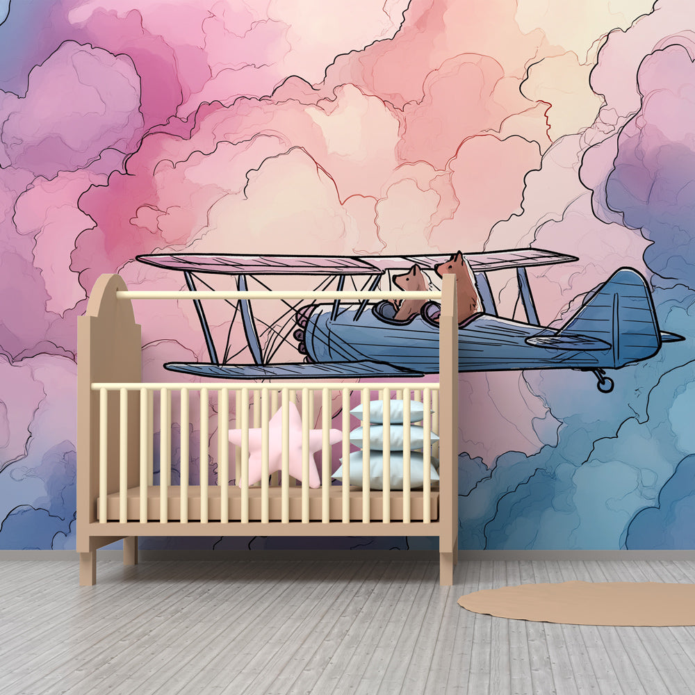Aviation themed mural wallpaper creating dreamy sky atmosphere in kids bedroom
