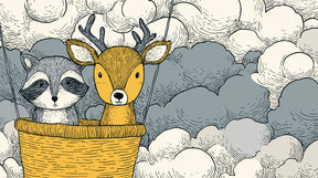 Detailed cloud adventure mural wallpaper design pattern showing raccoon and deer in hot air balloon by Kids-Mundo