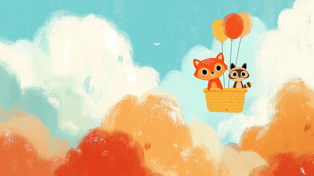 Detailed fox and raccoon cloud adventure mural wallpaper design pattern by Kids-Mundo