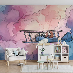 Bears airplane wallpaper transforming children's playroom with soft pastel clouds