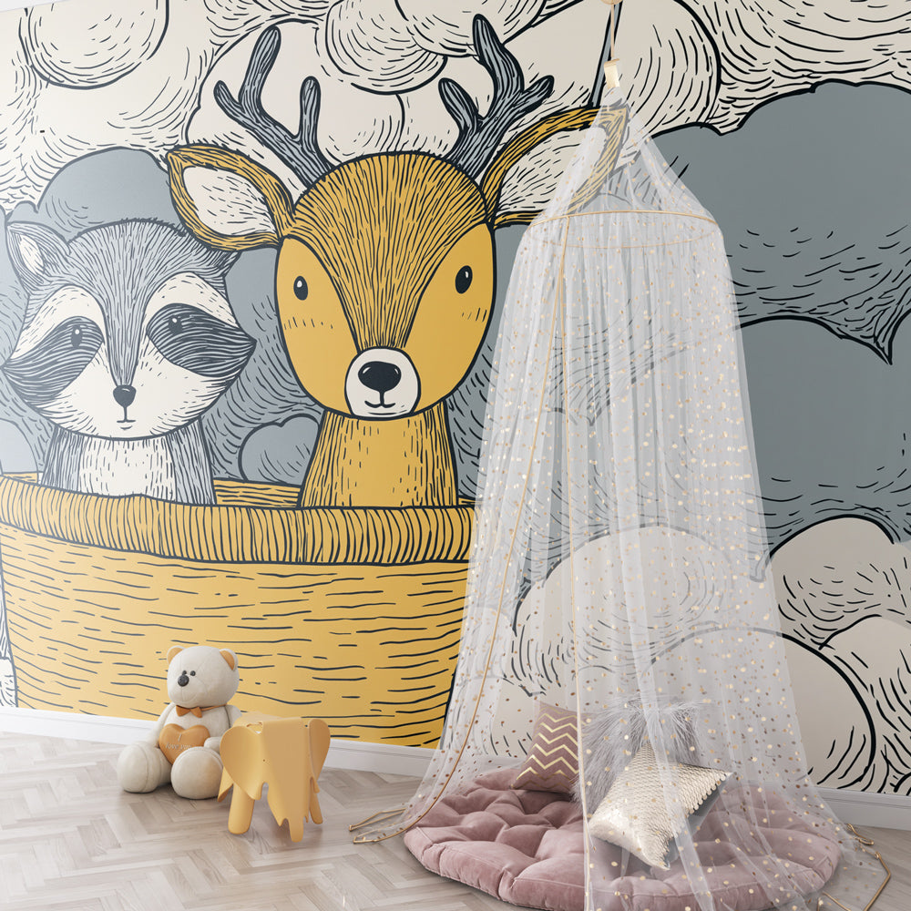 Animal adventure wallpaper featuring raccoon and deer among clouds in bright toddler room setting