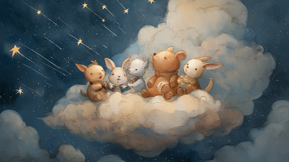 Kids-Mundo cloud animal friends wall mural artwork with bear and bunnies under shooting stars