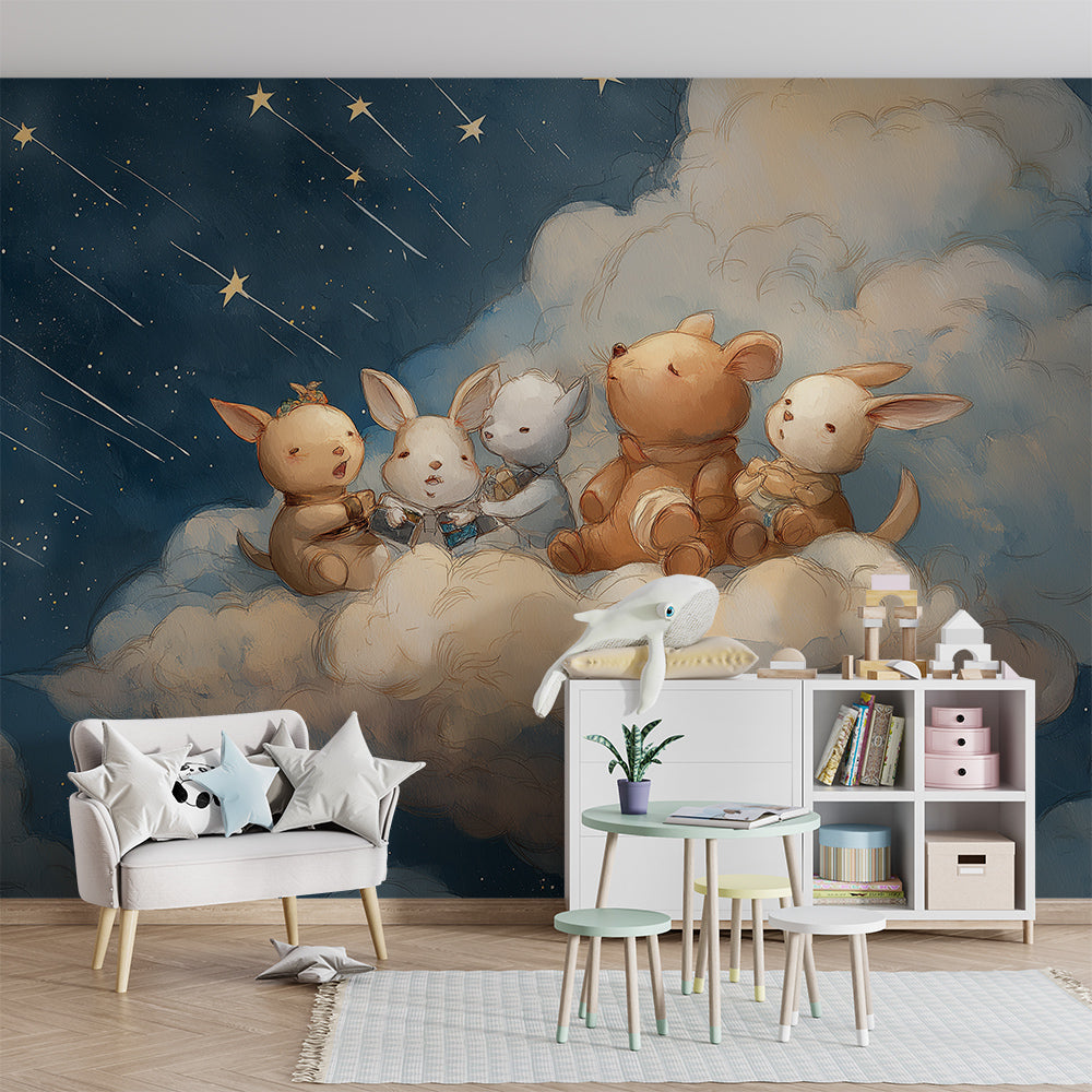 Kids-Mundo cloud animal friends wall mural decorating a calm playroom wall