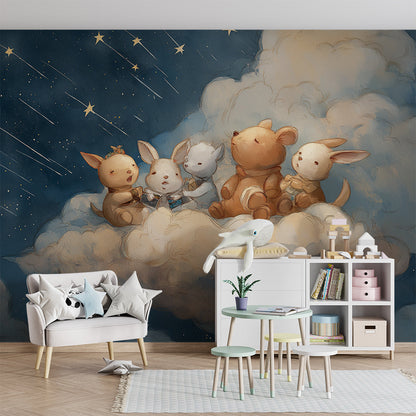 Kids-Mundo cloud animal friends wall mural decorating a calm playroom wall