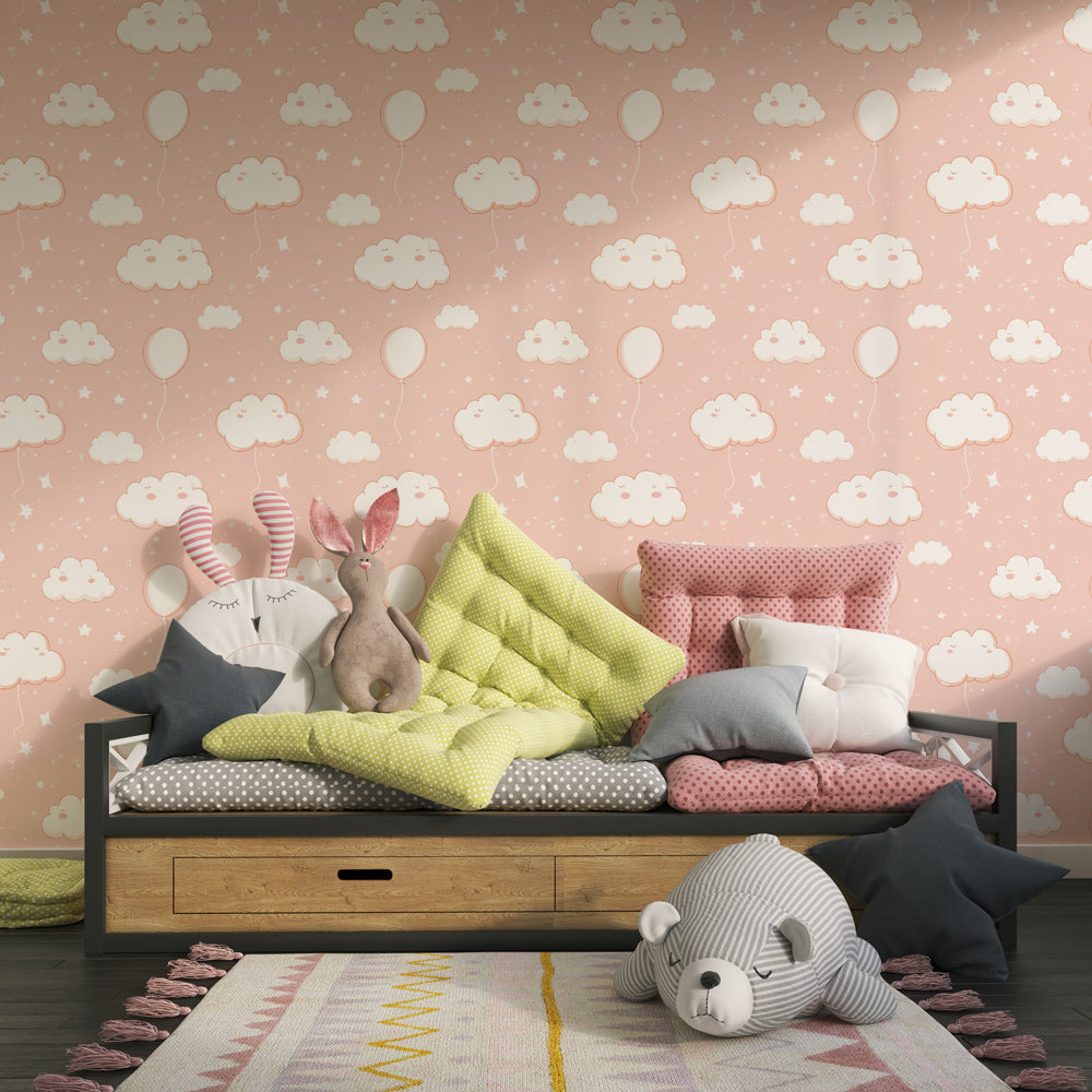 Whimsical cloud balloon mural wallpaper in bright kids playroom setting