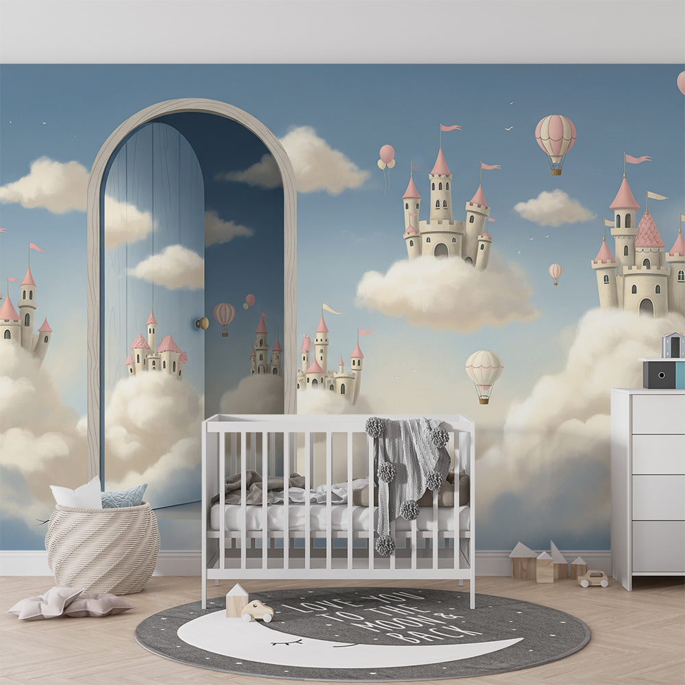 Kids-Mundo cloud castle doorway mural covering a feature wall in a child's bedroom