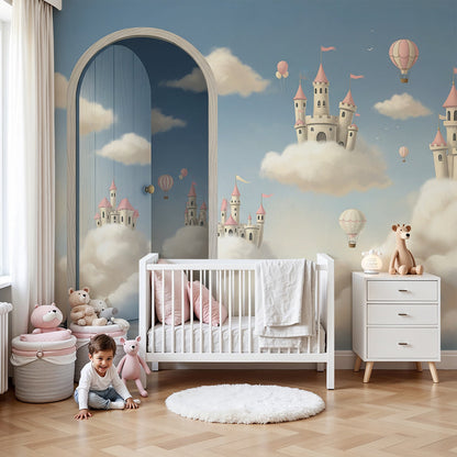 Kids-Mundo fairytale castle doorway wall mural styled behind a cot in a dreamy pastel nursery