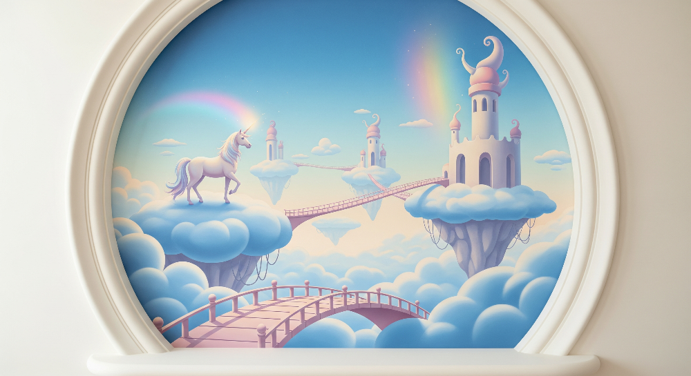 Kids-Mundo flat artwork preview of the cloud castle wall mural design with a unicorn and rope bridges.