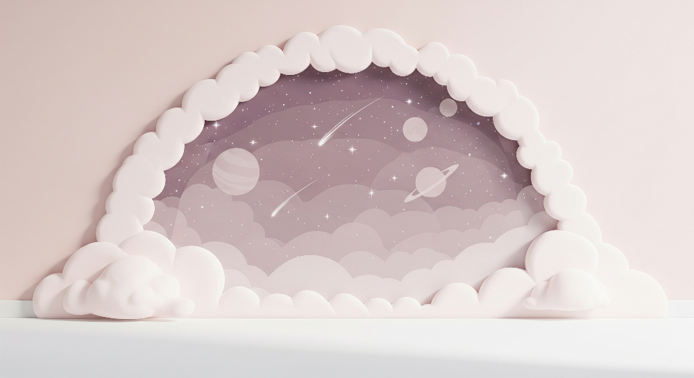 Kids-Mundo flat artwork preview of the cloud-framed starry sky wall mural design